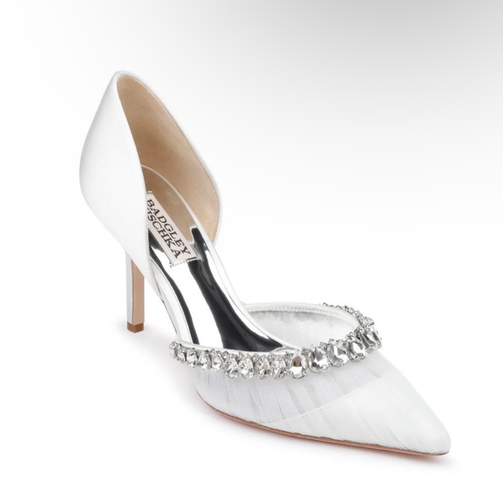 Badgley Mischka Everley Satin D'orsay Stiletto Wedding Heels with Embellishments